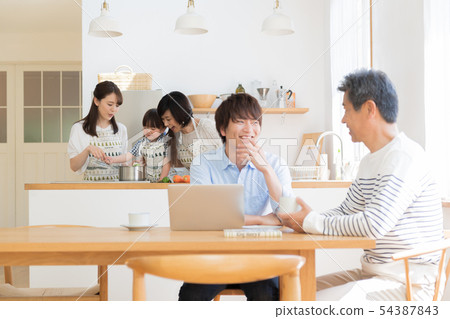 Three generations family, kitchen, help, living, home 54387843