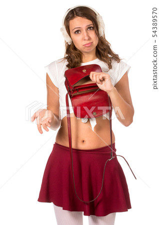 Beautiful woman looking through her pocket book purse Beautiful woman looking through her pocket book purse 54389570