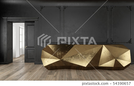 Gold reception table in classic black color interior with moldings and wooden floor. 54390657