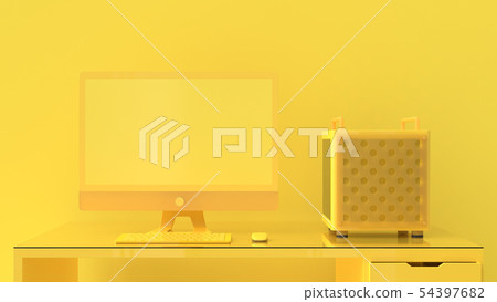 Yellow computer on work desk. 54397682
