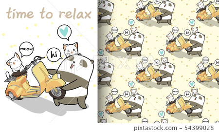 Seamless kawaii panda is lifting a motorcycle patt 54399028