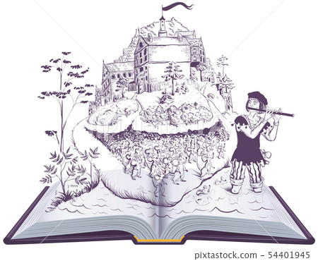 Pied piper of Hamelin open book illustration fairy Pied piper of Hamelin open book illustration fairy 54401945