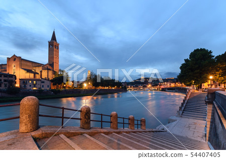 Panoramic view on the dige river in Verona 54407405