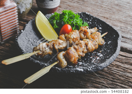 Japanese style skewers chicken skin grilled. Japanese style skewers chicken skin grilled. 54408182
