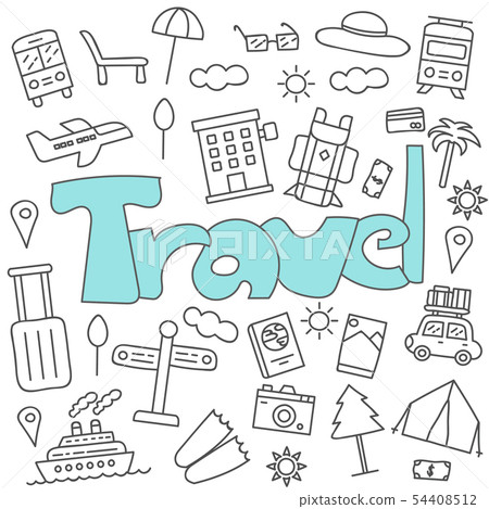 Hand drawn doodle of travel set. Hand drawn doodle of travel set. 54408512