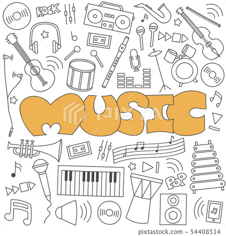 Hand drawn doodle of music set. Hand drawn doodle of music set. 54408514
