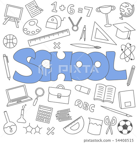 Hand drawn doodle of school set. Hand drawn doodle of school set. 54408515