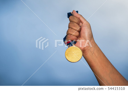 Hand holding gold medal on against cloudy sky 54415310