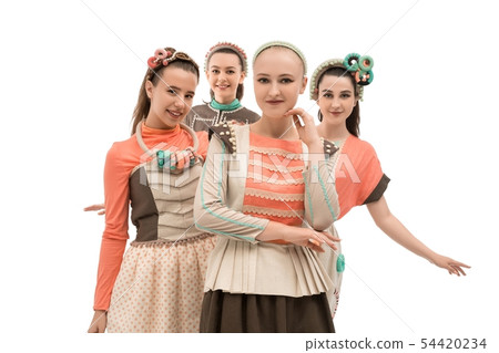 Young girls in art fashion dresses isolated view Young girls in art fashion dresses isolated view 54420234