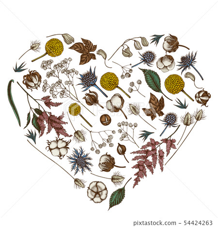 Heart floral design with colored astilbe, craspedia, blue eryngo, lagurus, cotton, gypsophila 54424263