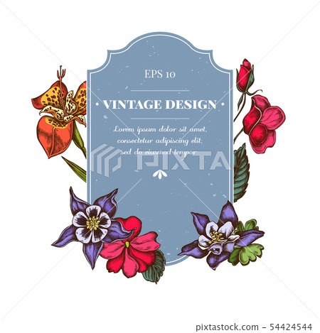 Badge design with colored impatiens, tigridia, aquilegia Badge design with colored impatiens, tigridia, aquilegia 54424544