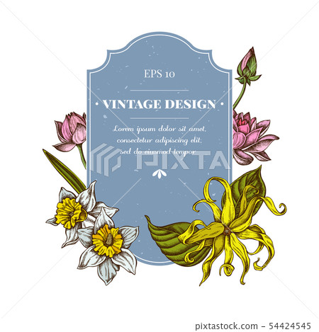 Badge design with colored ylang-ylang, daffodil, lotus Badge design with colored ylang-ylang, daffodil, lotus 54424545