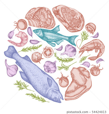 Round floral design with pastel garlic, cherry tomatoes, fish, shrimp, beef, rosemary 54424813