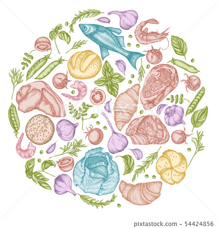 Round floral design with pastel garlic, cherry tomatoes, peas, fish, shrimp, cabbage, beef, buns and 54424856