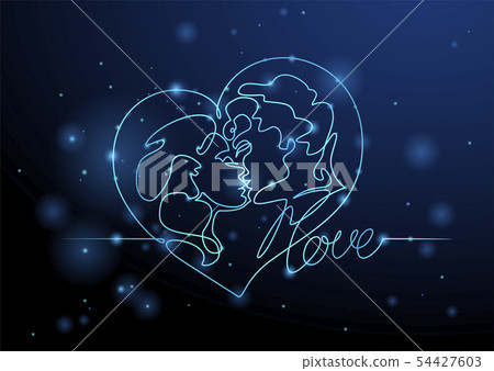 Lovers man and woman kissing. Neon heart. Lovers man and woman kissing. Neon heart. 54427603