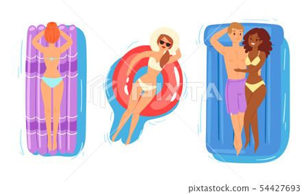 People on inflatable mattress vector woman man characters in swimsuit on floating doughnut in 54427693