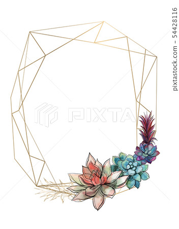 Gold geometric frame with succulents. Invitation. 54428116