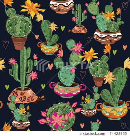 Hand drawn decorative seamless pattern with cacti - Stock Illustration ...