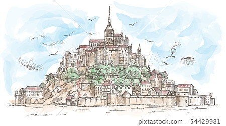 Le Mont Saint Michel ,France. Hand drawn sketch 54429981