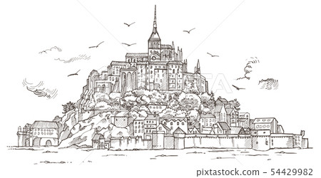 Le Mont Saint Michel ,Normandy, France. Hand drawn 54429982