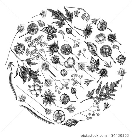 Round floral design with black and white astilbe, craspedia, blue eryngo, lagurus, cotton 54430363