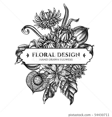 Floral bouquet design with black and white black caraway, helichrysum, physalis Floral bouquet design with black and white black caraway, helichrysum, physalis 54430711
