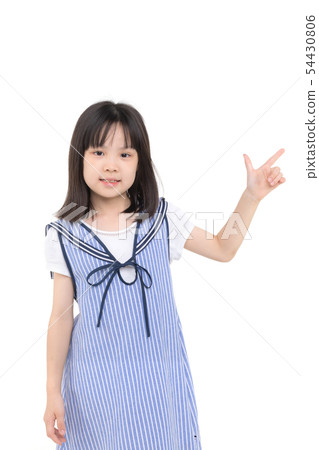 Asian girl standing and point her finger.. Asian girl standing and point her finger.. 54430806