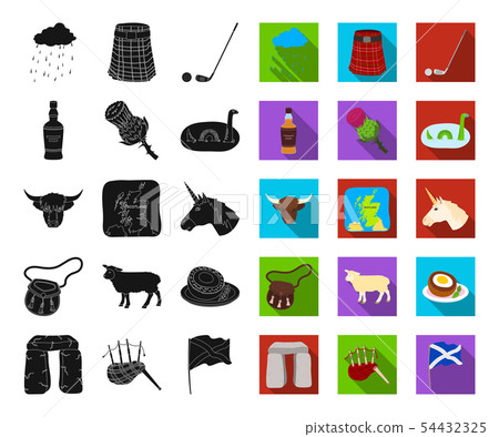 Country Scotland black,flat icons in set collection for design. Sightseeing, culture and tradition Country Scotland black,flat icons in set collection for design. Sightseeing, culture and tradition 54432325
