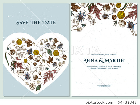 Wedding invitation card with colored astilbe, craspedia, blue eryngo, lagurus, cotton, gypsophila 54432345
