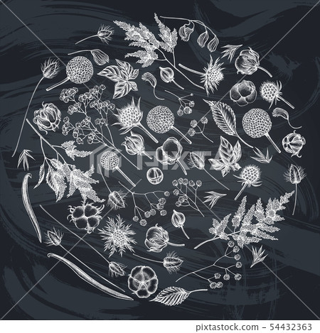 Round floral design with chalk astilbe, craspedia, blue eryngo, lagurus, cotton, gypsophila 54432363