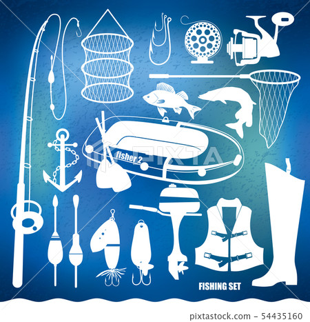 White Fishihg icon set on blue. 54435160
