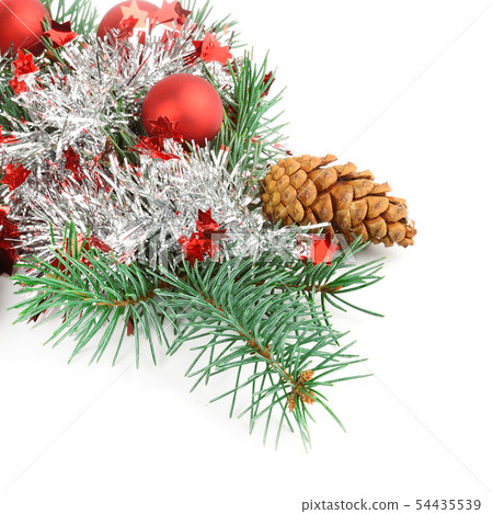Sprigs of fir and bright Christmas decorations 54435539