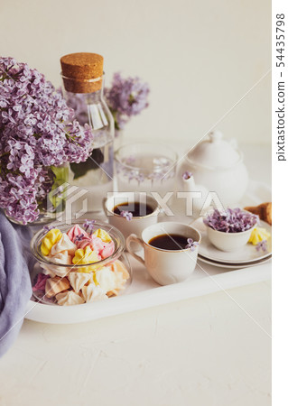 Purple spring lilac flowers  breakfast still life 54435798