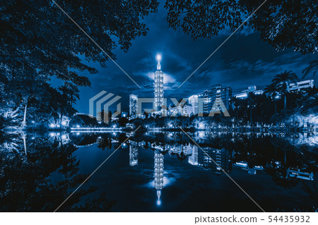 Taipei park garden and reflection of skyscrapers 54435932