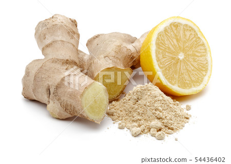 Fresh ginger root with powder and lemon isolated 54436402