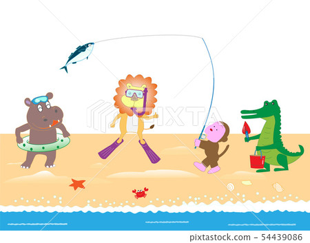 海上玩的動物。夏天的背景材料。 海上玩的動物。夏天的背景材料。 54439086