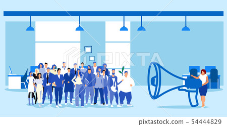 overweight businesswoman holding megaphone loudspeaker screaming at businesspeople group employees 54444829