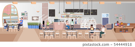 mix race people drinking beverages friends sitting at cafe tables visitors spending time together 54444918