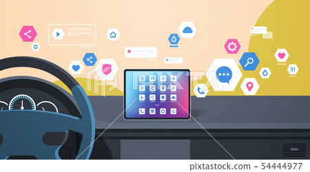 vehicle cockpit with smart driving assistance apps automobile computer assistant menu icons on board vehicle cockpit with smart driving assistance apps automobile computer assistant menu icons on board 54444977