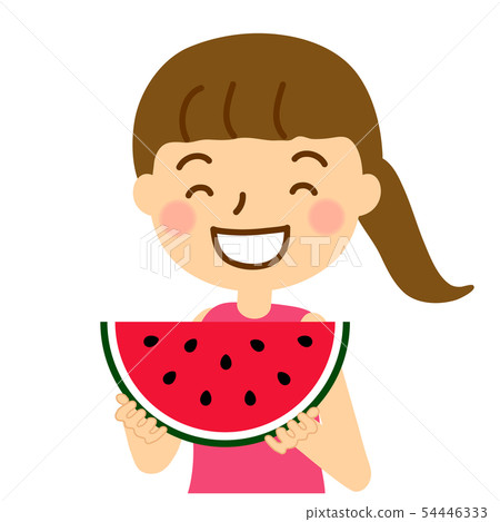 Watermelon half moon girl pink dress upper body Watermelon half moon girl pink dress upper body 54446333