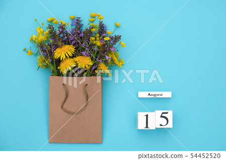 Wooden cubes calendar August 15 and field colorful Wooden cubes calendar August 15 and field colorful 54452520