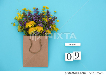 Wooden cubes calendar August 9 and field colorful Wooden cubes calendar August 9 and field colorful 54452526
