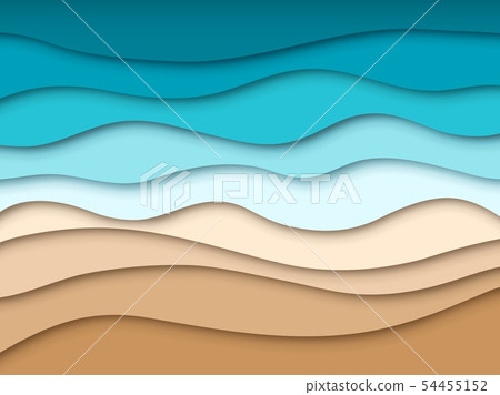 Paper sea beach. Abstract ocean summer travel landscape, summertime 3d paper cut texture. Origami Paper sea beach. Abstract ocean summer travel landscape, summertime 3d paper cut texture. Origami 54455152