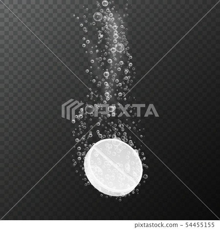 Tablet with bubbles. Effervescent dissolving aspirin pill in fizzy water. Vitamin drug with bubbles Tablet with bubbles. Effervescent dissolving aspirin pill in fizzy water. Vitamin drug with bubbles 54455155