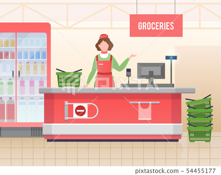 Supermarket store assistant. Happy cashier woman sales food in grocery hypermarket. Retail service 54455177