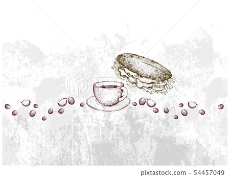 Hand Drawn of Hot Coffee with Baguette Sandwich 54457049