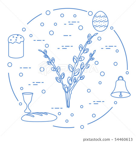 Easter cake, willow branches, bell, bowl, egg Easter cake, willow branches, bell, bowl, egg 54460613