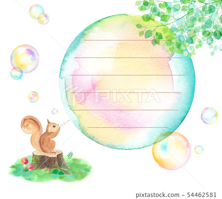 Message card with squirrel and sunbeams blowing soap bubbles Message card with squirrel and sunbeams blowing soap bubbles 54462581