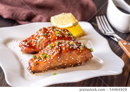 Teriyaki salmon on the white plate 54464929