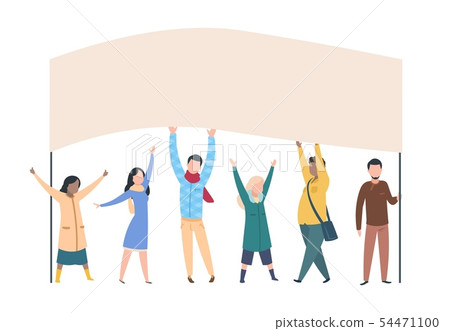 People protest. Male female activists with banners and placards in politics manifestation. Man and People protest. Male female activists with banners and placards in politics manifestation. Man and 54471100